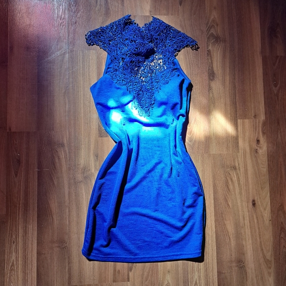 Bright Deep Cobalt Blue Crochet Collar Cocktail Mini Dress keyhole bow back
